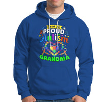 Royal blue hoodie with colorful “Proud Autism Grandma” graphic and front pocket pouch