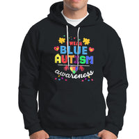 Black autism awareness hoodie with front graphic lettering and puzzle icon hearts