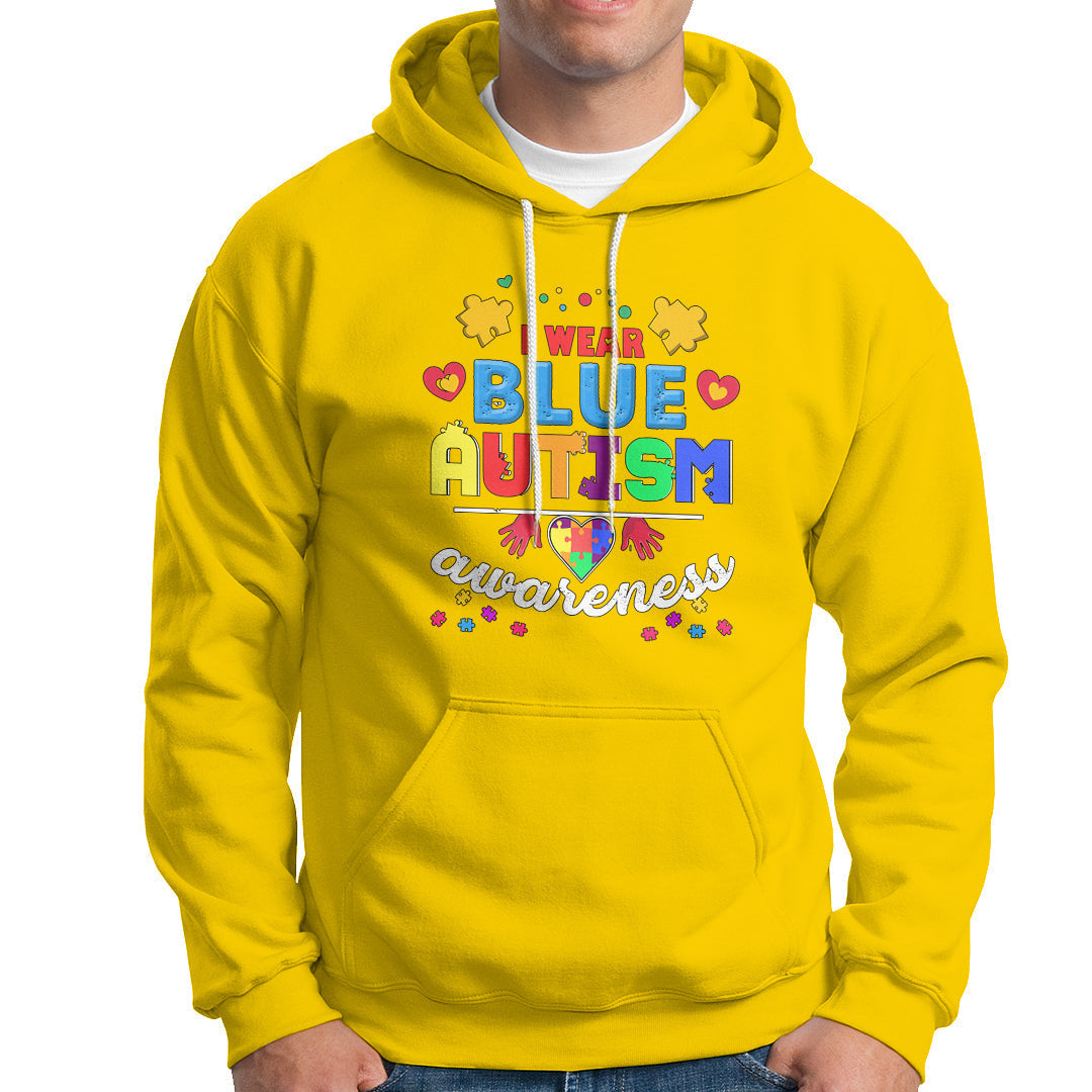 Daisy yellow autism awareness hoodie with front graphic lettering and puzzle icon hearts
