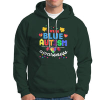 Dark forest green autism awareness hoodie with front graphic lettering and puzzle icon hearts
