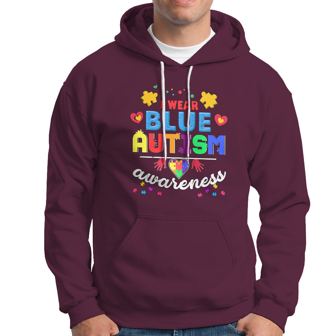 Maroon autism awareness hoodie with front graphic lettering and puzzle icon hearts
