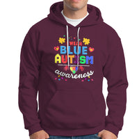 Maroon autism awareness hoodie with front graphic lettering and puzzle icon hearts