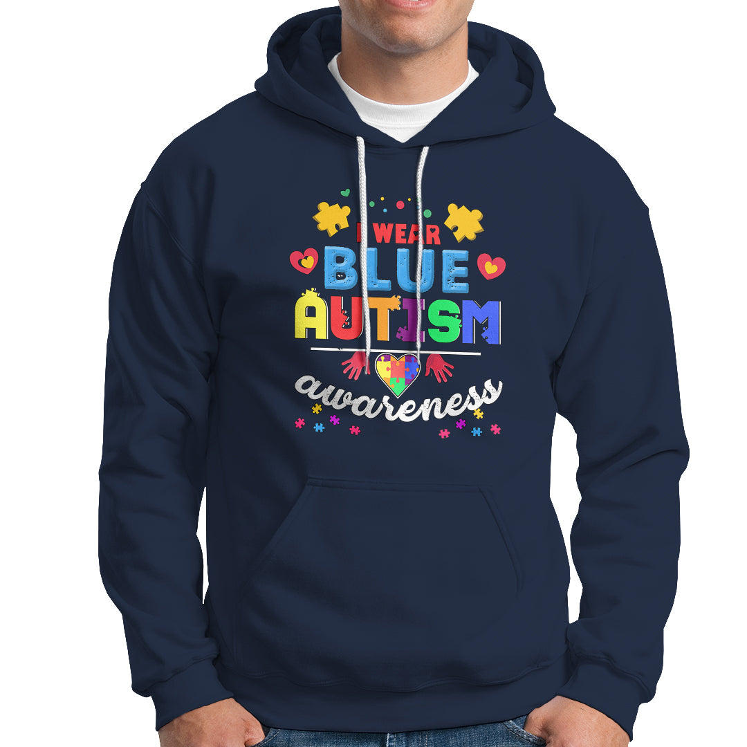 Navy autism awareness hoodie with front graphic lettering and puzzle icon hearts
