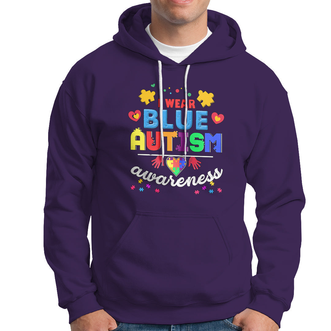 Purple autism awareness hoodie with front graphic lettering and puzzle icon hearts