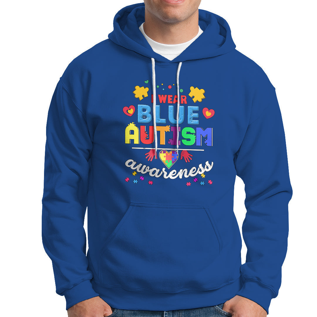 Royal blue autism awareness hoodie with front graphic lettering and puzzle icon hearts