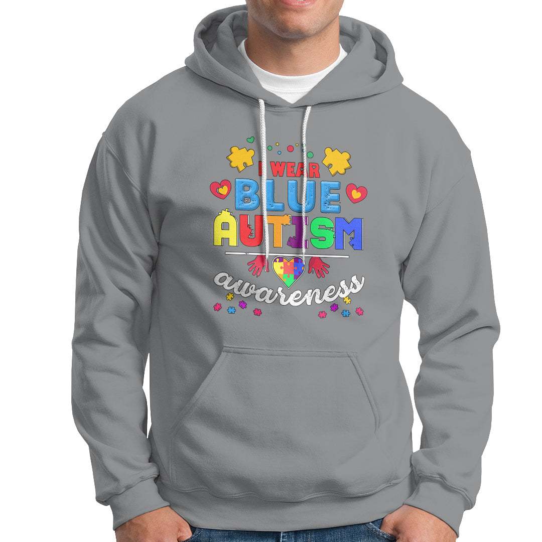 Sport gray autism awareness hoodie with front graphic lettering and puzzle icon hearts