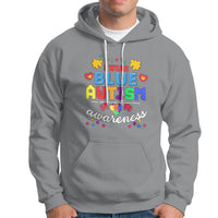 Sport gray autism awareness hoodie with front graphic lettering and puzzle icon hearts