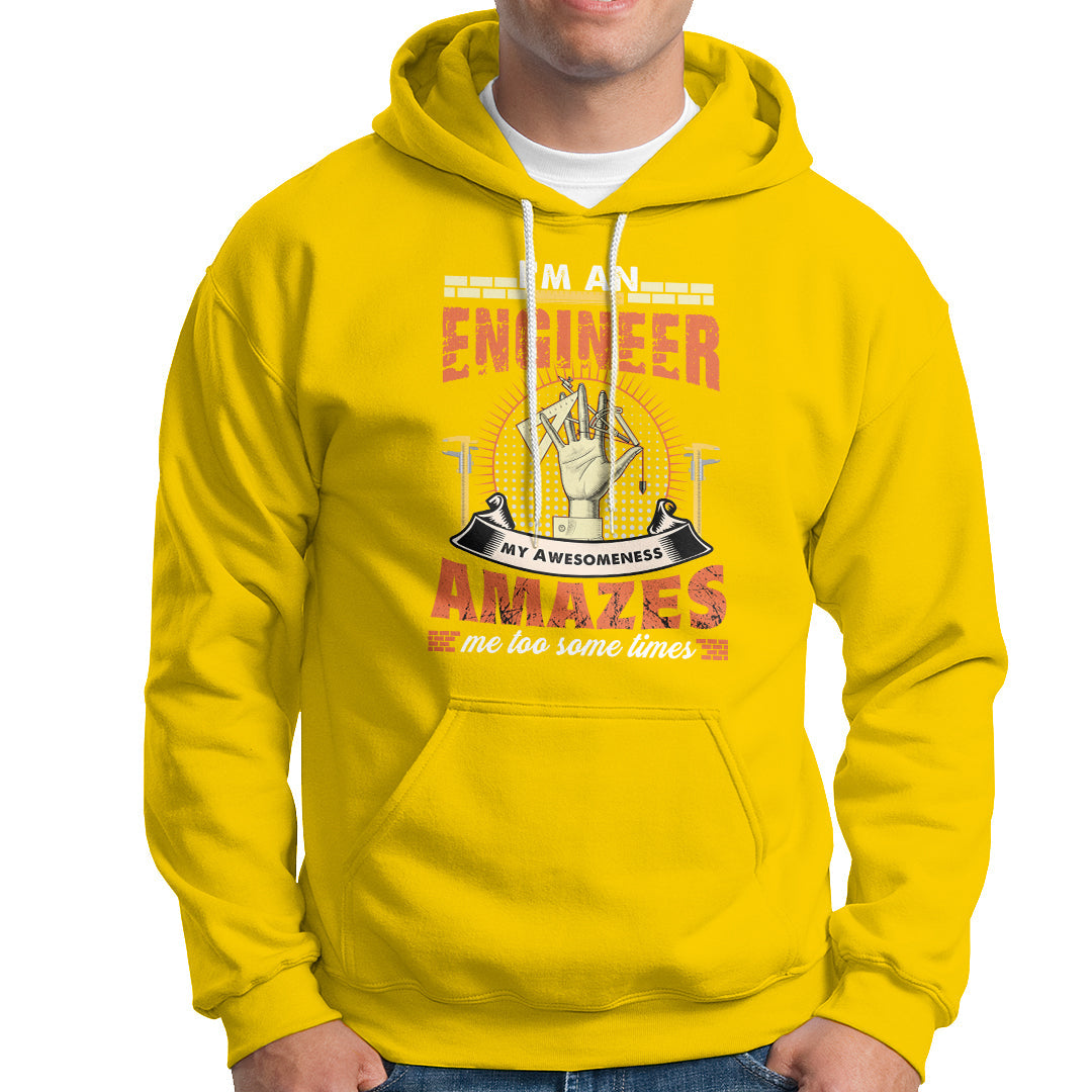 Daisy yellow engineer graphic hoodie with front kangaroo pocket and drawstring hood.