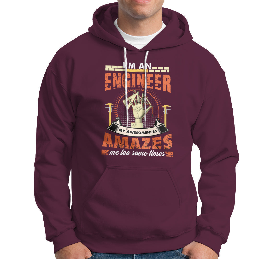 Maroon engineer graphic hoodie with front kangaroo pocket and drawstring hood.