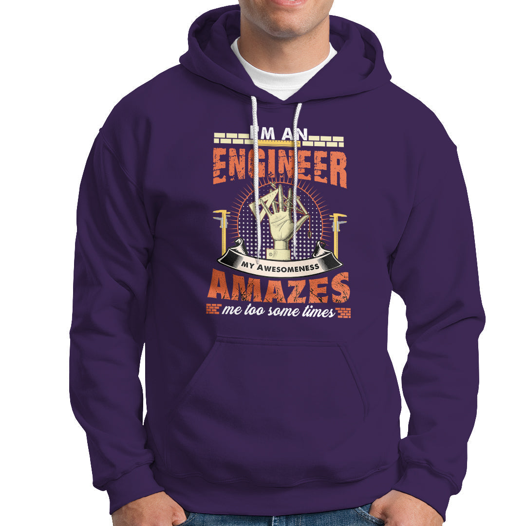 Purple engineer graphic hoodie with front kangaroo pocket and drawstring hood.