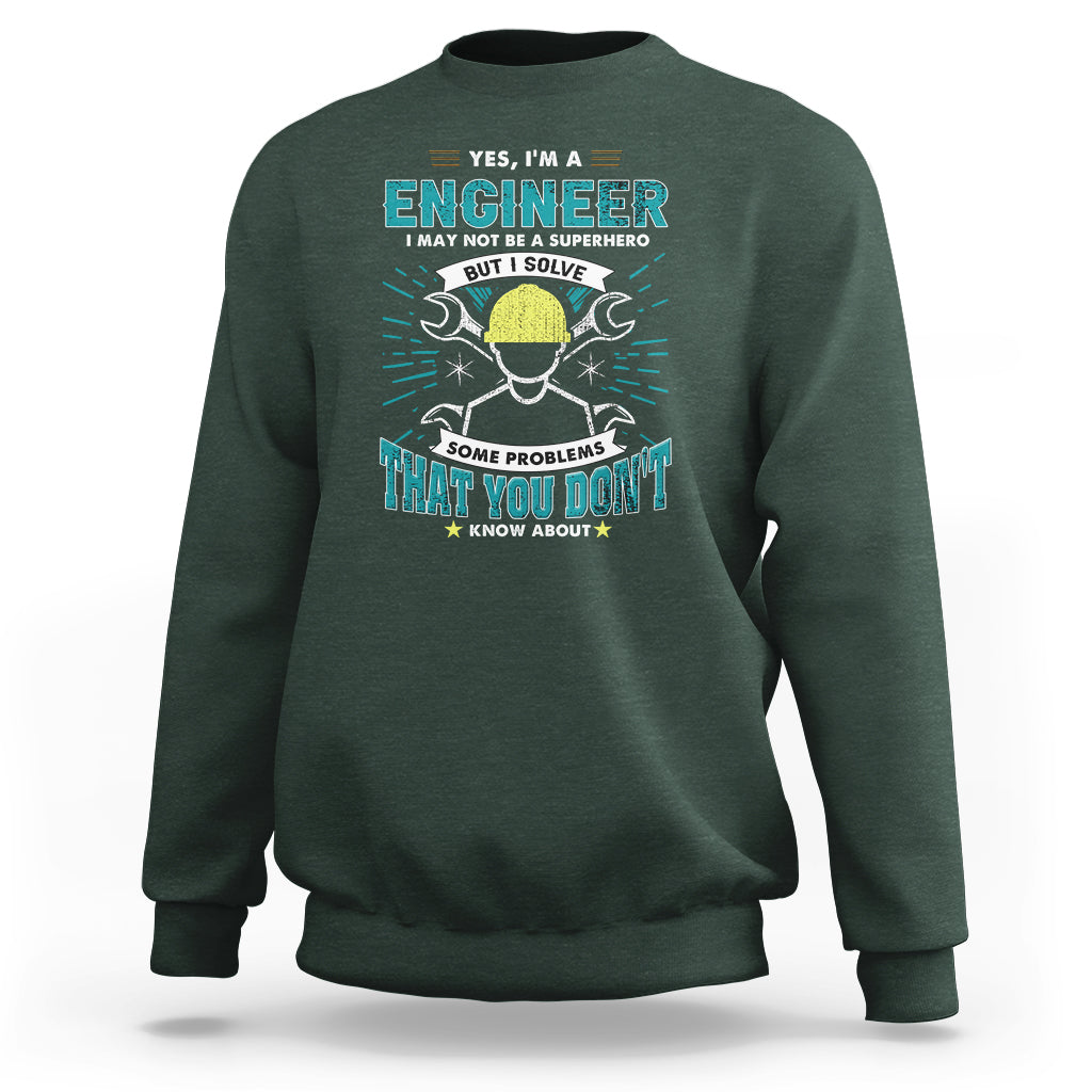 Dark forest green crewneck sweatshirt with engineer graphic and text on the chest