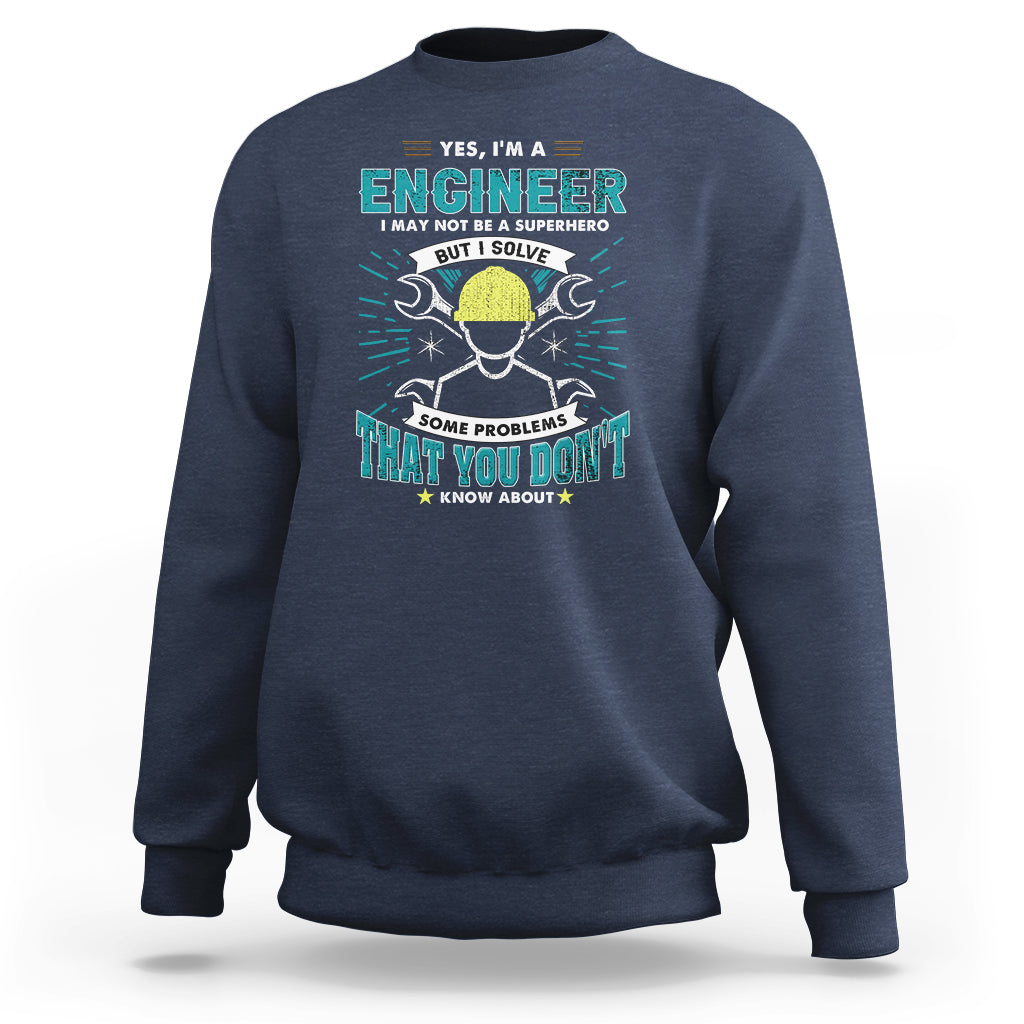 Navy crewneck sweatshirt with engineer graphic and text on the chest