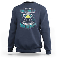 Navy crewneck sweatshirt with engineer graphic and text on the chest