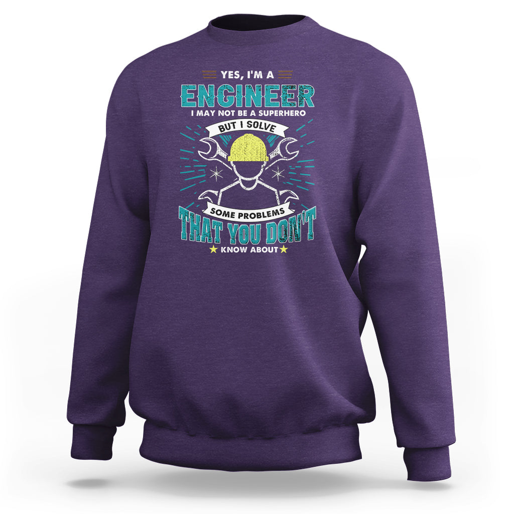 Purple crewneck sweatshirt with engineer graphic and text on the chest