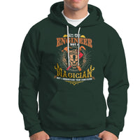 Dark forest green engineer hoodie with front pocket, drawstring hood, and graphic print