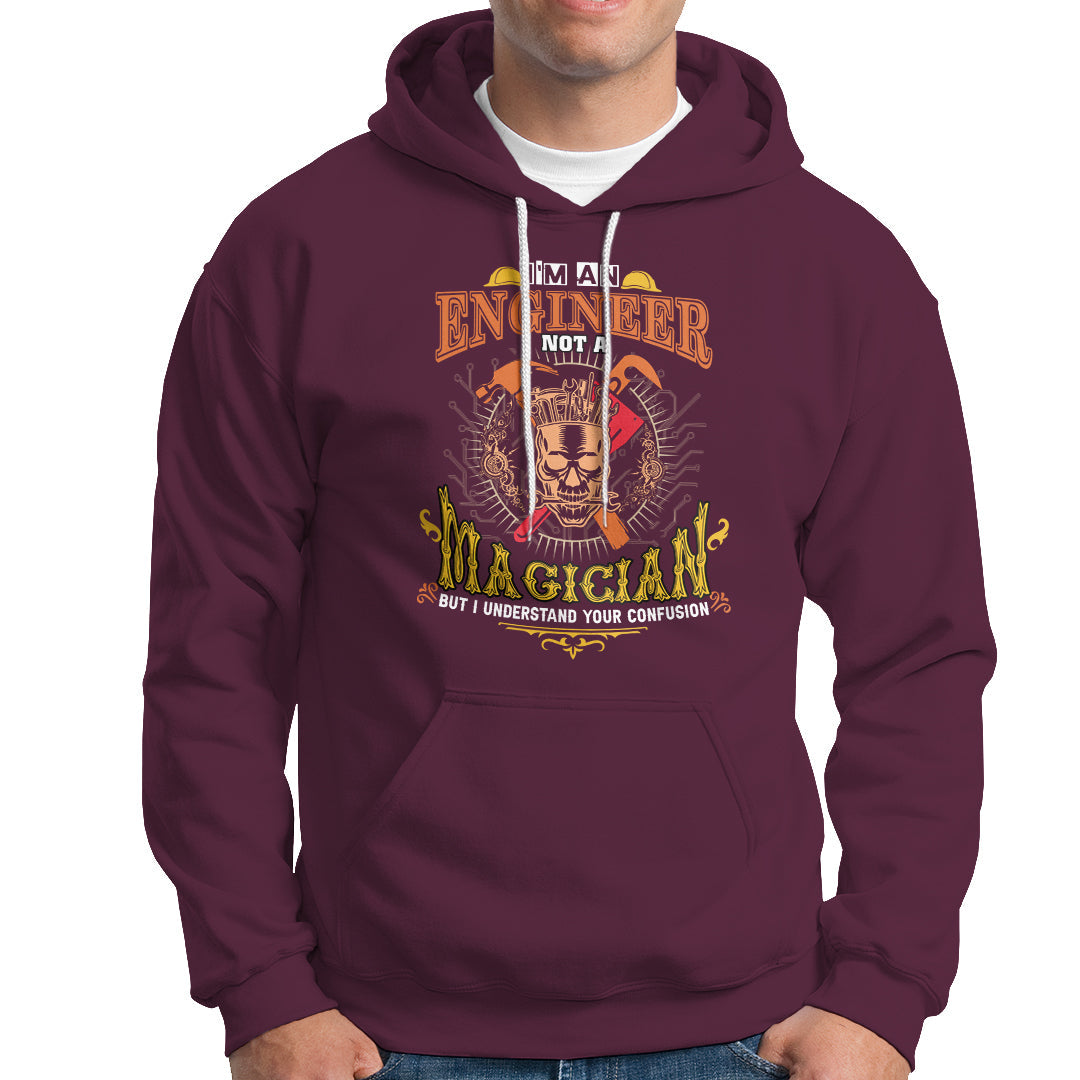 Maroon engineer hoodie with front pocket, drawstring hood, and graphic print