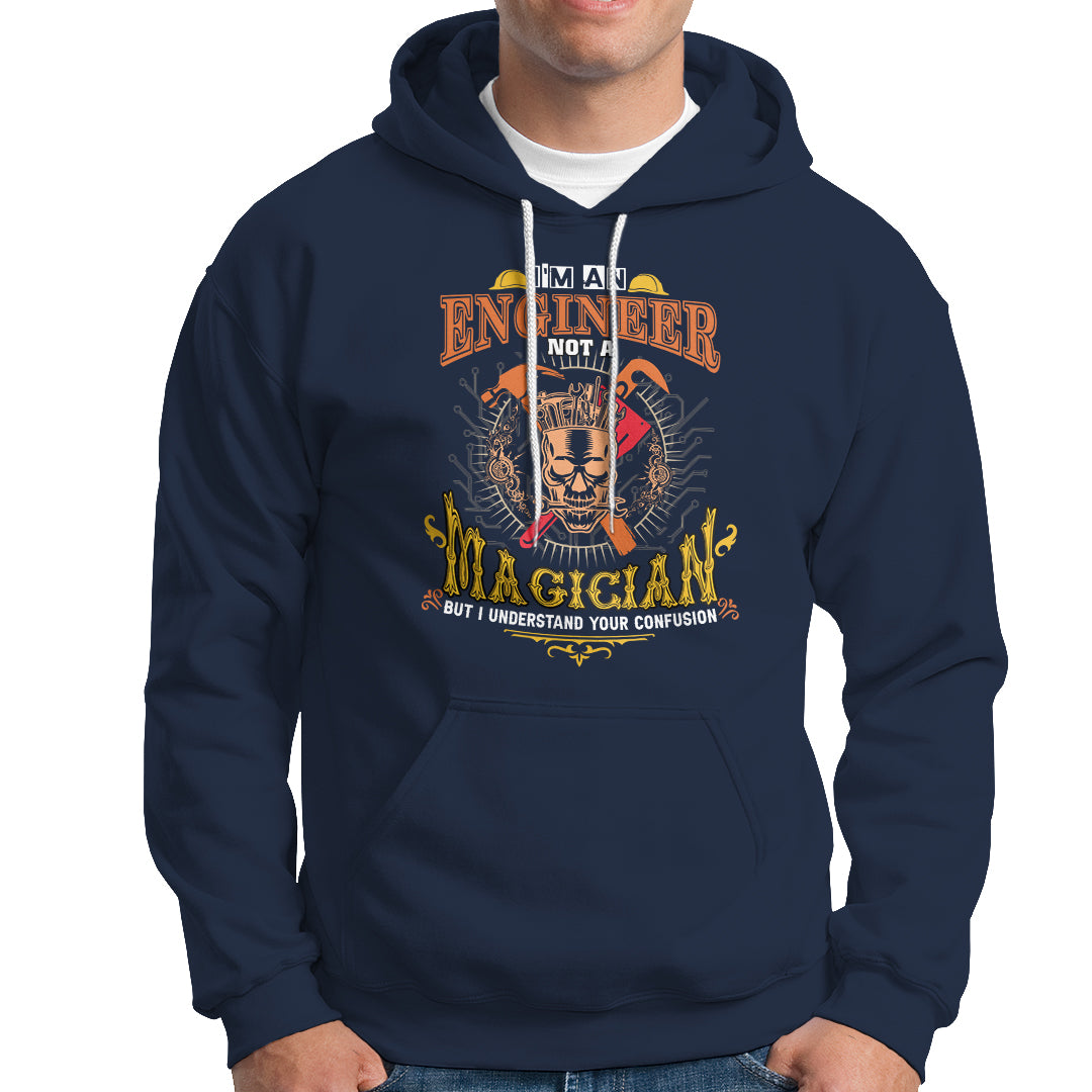 Navy engineer hoodie with front pocket, drawstring hood, and graphic print