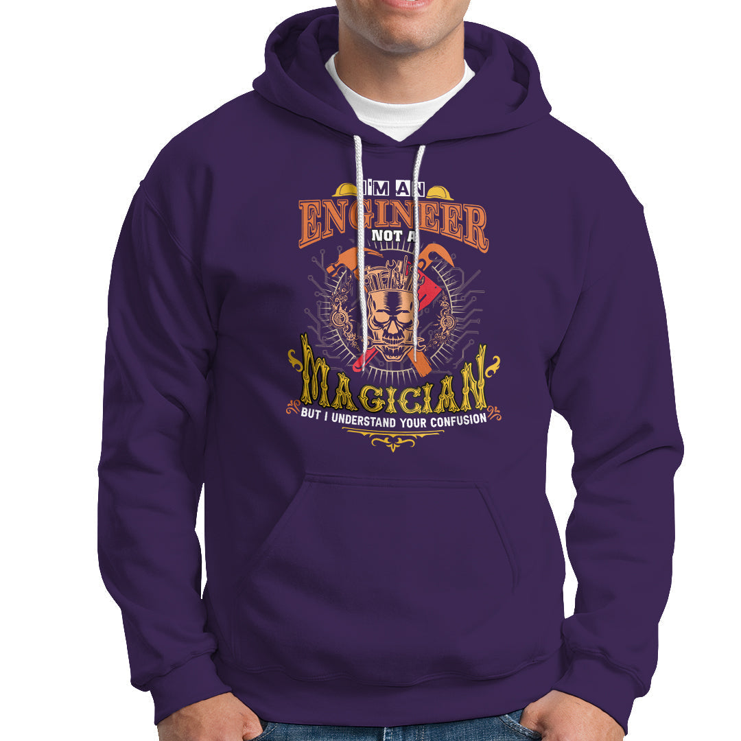 Purple engineer hoodie with front pocket, drawstring hood, and graphic print