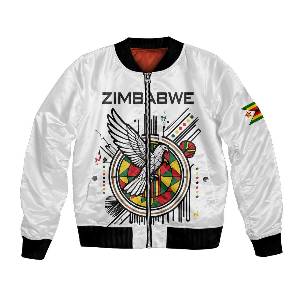 Spirit of Zimbabwe Bomber Jacket Tribal Patterns, Flag Colors and Symbol of Peace