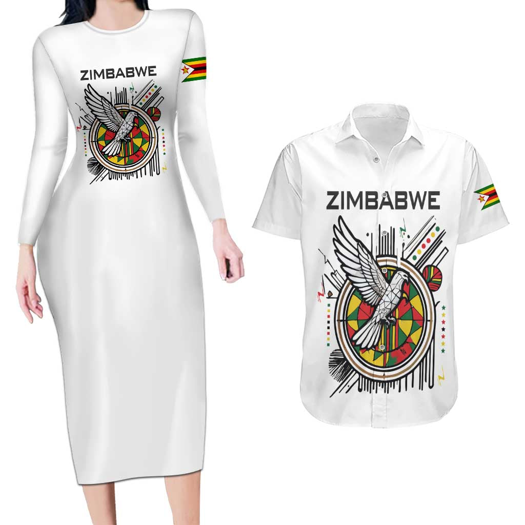 Spirit of Zimbabwe Couples Matching Long Sleeve Bodycon Dress and Hawaiian Shirt Tribal Patterns, Flag Colors and Symbol of Peace