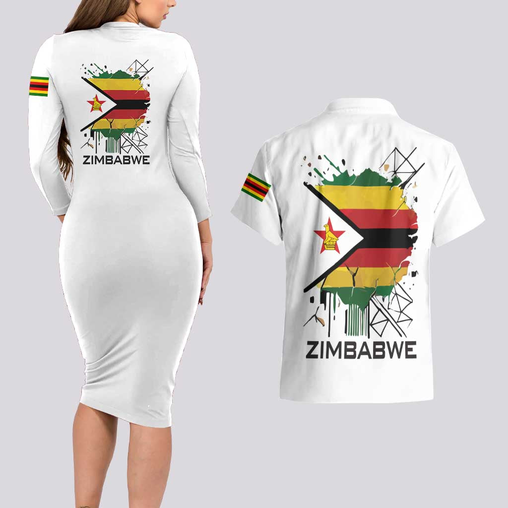 Spirit of Zimbabwe Couples Matching Long Sleeve Bodycon Dress and Hawaiian Shirt Tribal Patterns, Flag Colors and Symbol of Peace