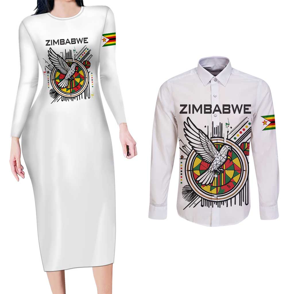 Spirit of Zimbabwe Couples Matching Long Sleeve Bodycon Dress and Long Sleeve Button Shirt Tribal Patterns, Flag Colors and Symbol of Peace