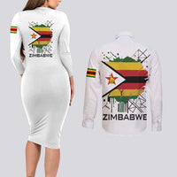 Spirit of Zimbabwe Couples Matching Long Sleeve Bodycon Dress and Long Sleeve Button Shirt Tribal Patterns, Flag Colors and Symbol of Peace