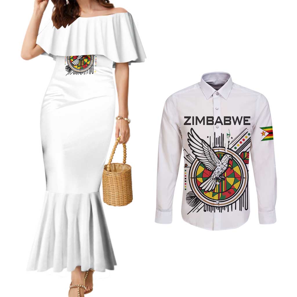 Spirit of Zimbabwe Couples Matching Mermaid Dress and Long Sleeve Button Shirt Tribal Patterns, Flag Colors and Symbol of Peace