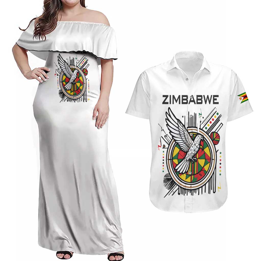 Spirit of Zimbabwe Couples Matching Off Shoulder Maxi Dress and Hawaiian Shirt Tribal Patterns, Flag Colors and Symbol of Peace