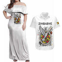 Spirit of Zimbabwe Couples Matching Off Shoulder Maxi Dress and Hawaiian Shirt Tribal Patterns, Flag Colors and Symbol of Peace