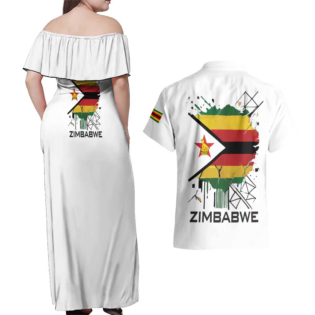 Spirit of Zimbabwe Couples Matching Off Shoulder Maxi Dress and Hawaiian Shirt Tribal Patterns, Flag Colors and Symbol of Peace