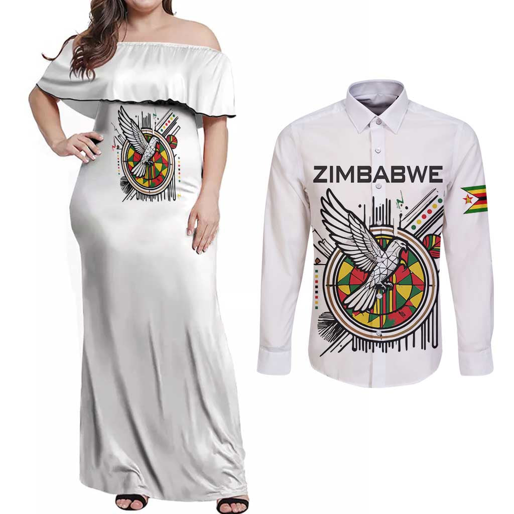 Spirit of Zimbabwe Couples Matching Off Shoulder Maxi Dress and Long Sleeve Button Shirt Tribal Patterns, Flag Colors and Symbol of Peace
