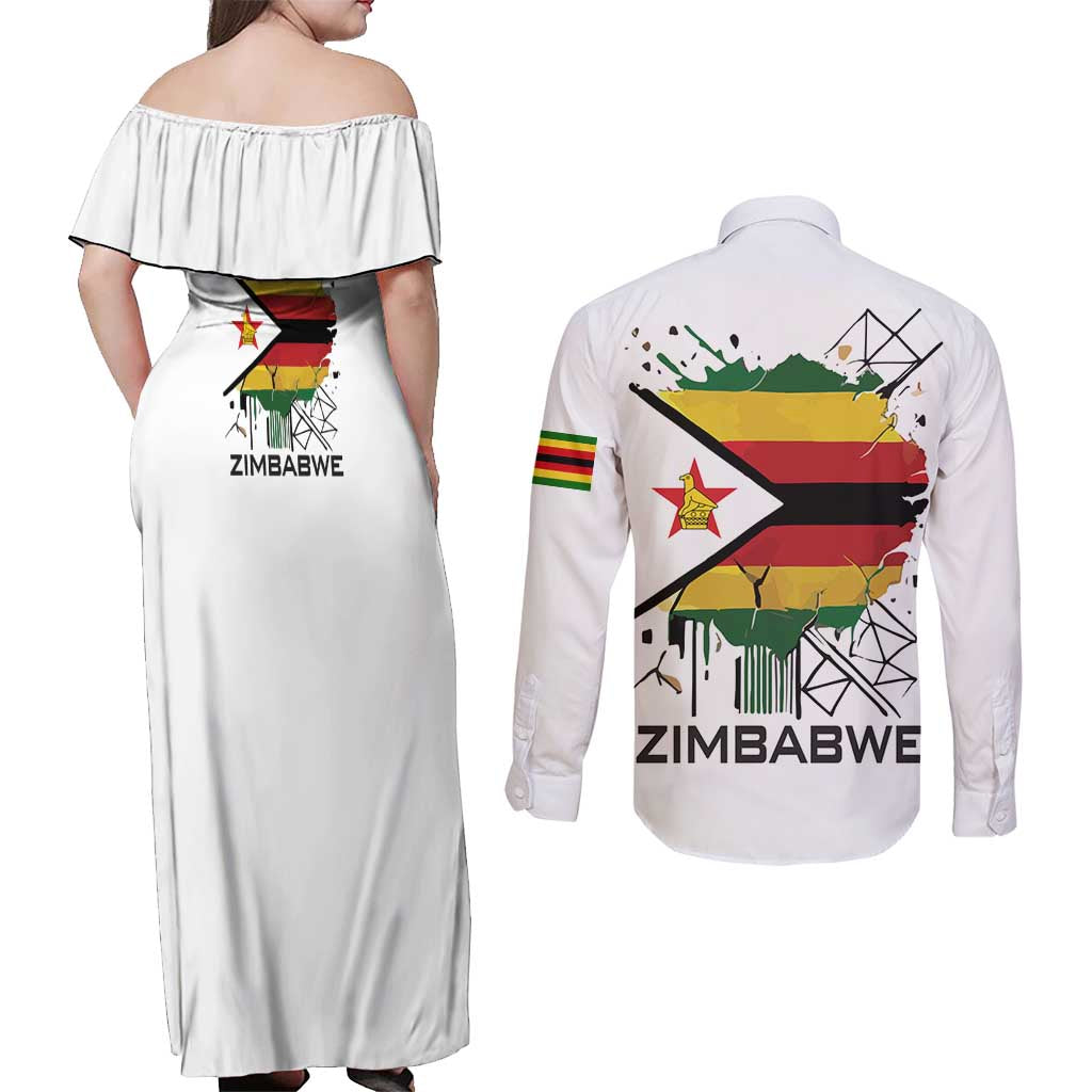 Spirit of Zimbabwe Couples Matching Off Shoulder Maxi Dress and Long Sleeve Button Shirt Tribal Patterns, Flag Colors and Symbol of Peace