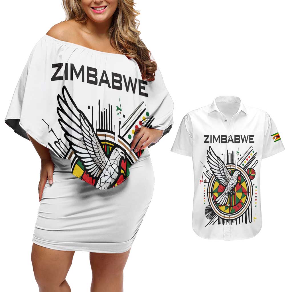 Spirit of Zimbabwe Couples Matching Off Shoulder Short Dress and Hawaiian Shirt Tribal Patterns, Flag Colors and Symbol of Peace