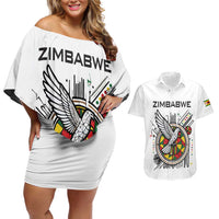 Spirit of Zimbabwe Couples Matching Off Shoulder Short Dress and Hawaiian Shirt Tribal Patterns, Flag Colors and Symbol of Peace