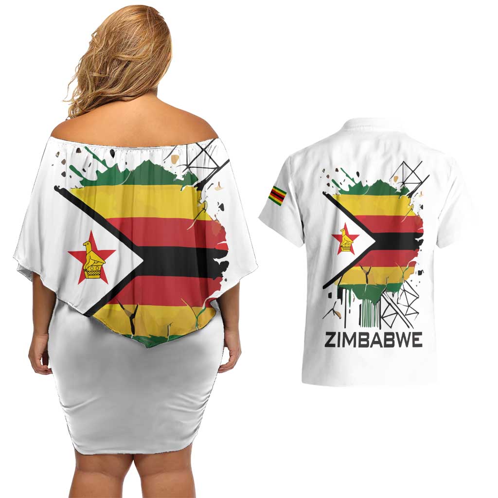 Spirit of Zimbabwe Couples Matching Off Shoulder Short Dress and Hawaiian Shirt Tribal Patterns, Flag Colors and Symbol of Peace