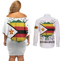 Spirit of Zimbabwe Couples Matching Off Shoulder Short Dress and Long Sleeve Button Shirt Tribal Patterns, Flag Colors and Symbol of Peace