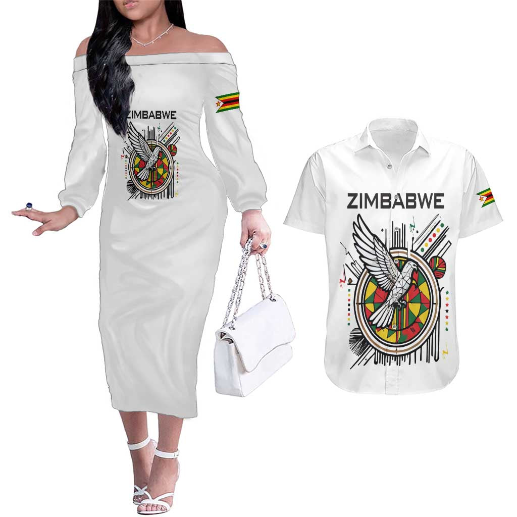 Spirit of Zimbabwe Couples Matching Off The Shoulder Long Sleeve Dress and Hawaiian Shirt Tribal Patterns, Flag Colors and Symbol of Peace