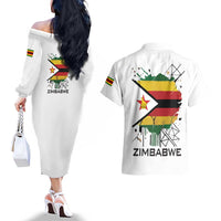 Spirit of Zimbabwe Couples Matching Off The Shoulder Long Sleeve Dress and Hawaiian Shirt Tribal Patterns, Flag Colors and Symbol of Peace