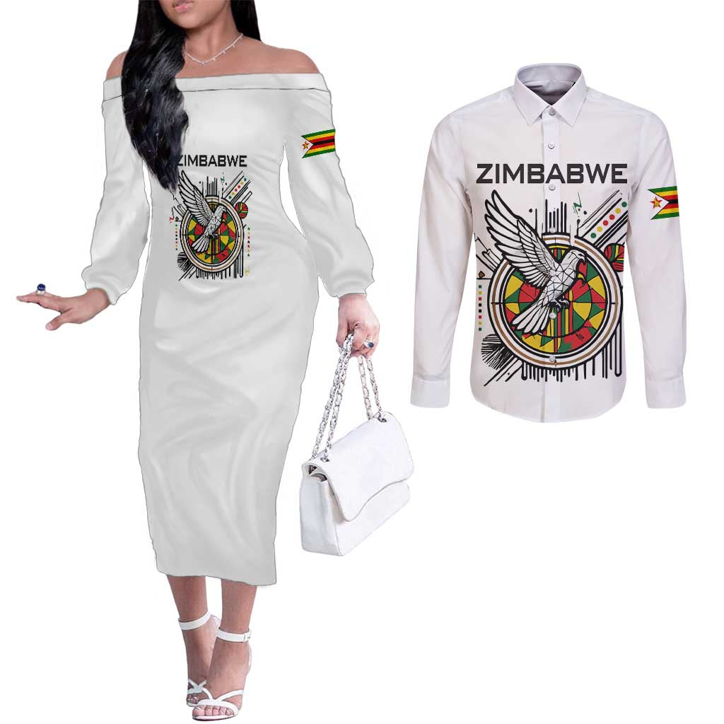 Spirit of Zimbabwe Couples Matching Off The Shoulder Long Sleeve Dress and Long Sleeve Button Shirt Tribal Patterns, Flag Colors and Symbol of Peace