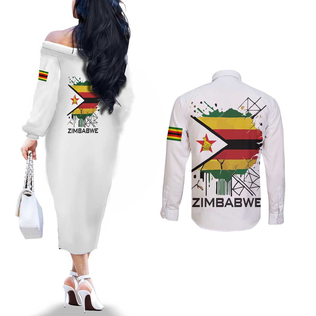 Spirit of Zimbabwe Couples Matching Off The Shoulder Long Sleeve Dress and Long Sleeve Button Shirt Tribal Patterns, Flag Colors and Symbol of Peace