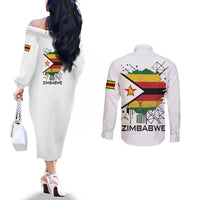 Spirit of Zimbabwe Couples Matching Off The Shoulder Long Sleeve Dress and Long Sleeve Button Shirt Tribal Patterns, Flag Colors and Symbol of Peace