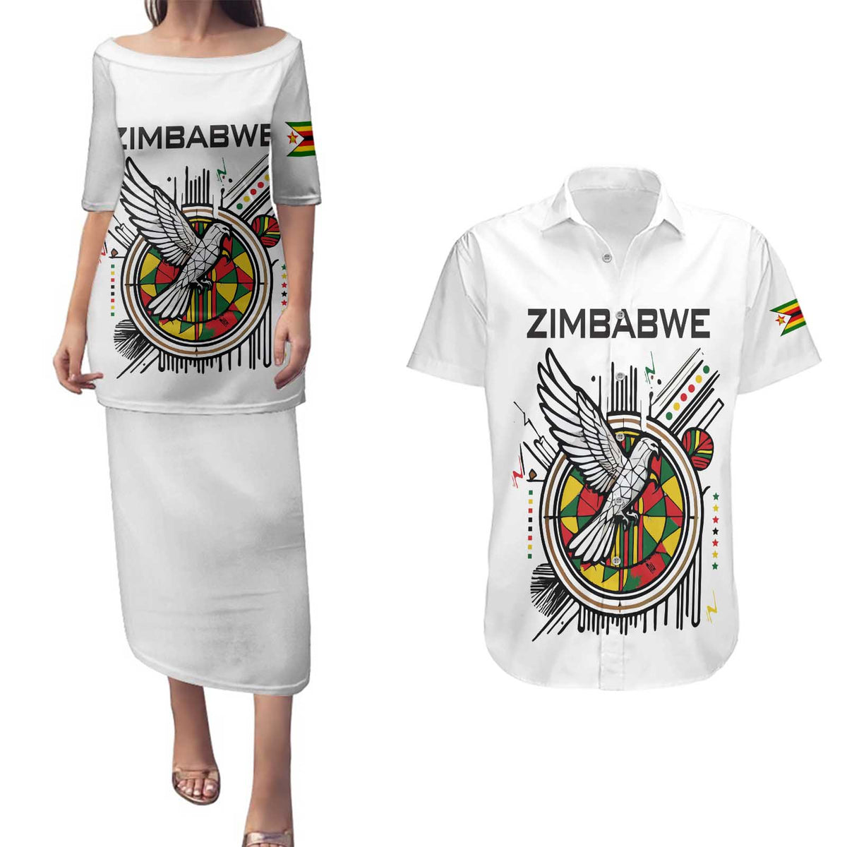 Spirit of Zimbabwe Couples Matching Puletasi and Hawaiian Shirt Tribal Patterns, Flag Colors and Symbol of Peace