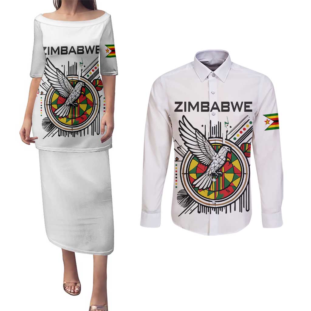 Spirit of Zimbabwe Couples Matching Puletasi and Long Sleeve Button Shirt Tribal Patterns, Flag Colors and Symbol of Peace