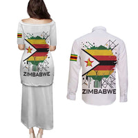 Spirit of Zimbabwe Couples Matching Puletasi and Long Sleeve Button Shirt Tribal Patterns, Flag Colors and Symbol of Peace