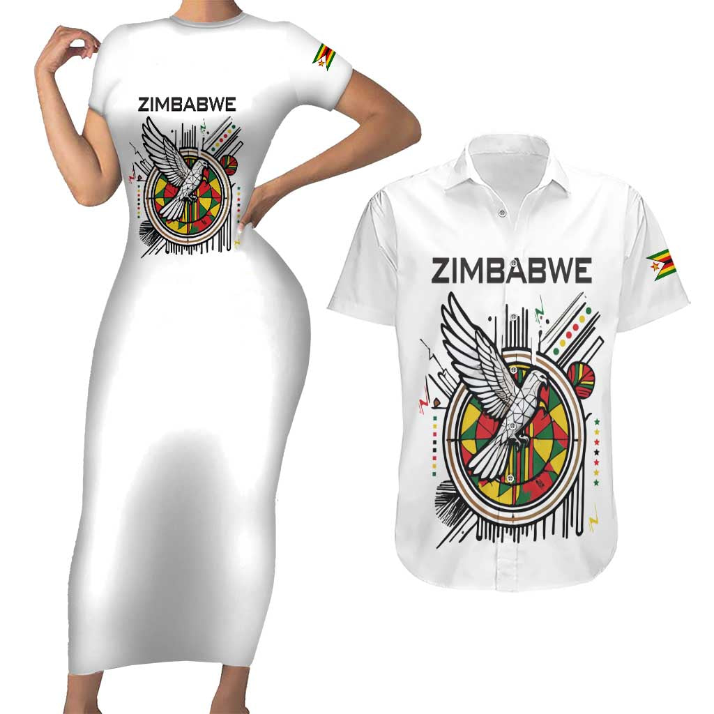 Spirit of Zimbabwe Couples Matching Short Sleeve Bodycon Dress and Hawaiian Shirt Tribal Patterns, Flag Colors and Symbol of Peace