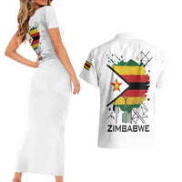 Spirit of Zimbabwe Couples Matching Short Sleeve Bodycon Dress and Hawaiian Shirt Tribal Patterns, Flag Colors and Symbol of Peace