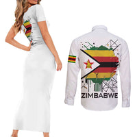 Spirit of Zimbabwe Couples Matching Short Sleeve Bodycon Dress and Long Sleeve Button Shirt Tribal Patterns, Flag Colors and Symbol of Peace