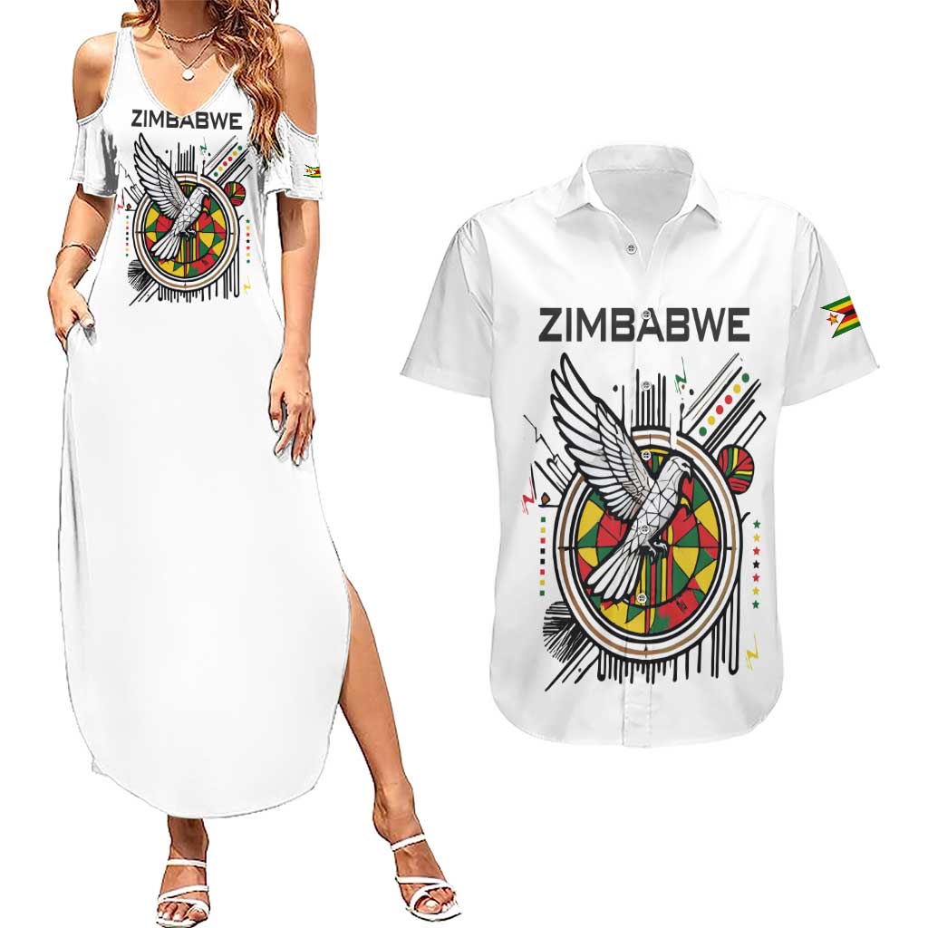 Spirit of Zimbabwe Couples Matching Summer Maxi Dress and Hawaiian Shirt Tribal Patterns, Flag Colors and Symbol of Peace