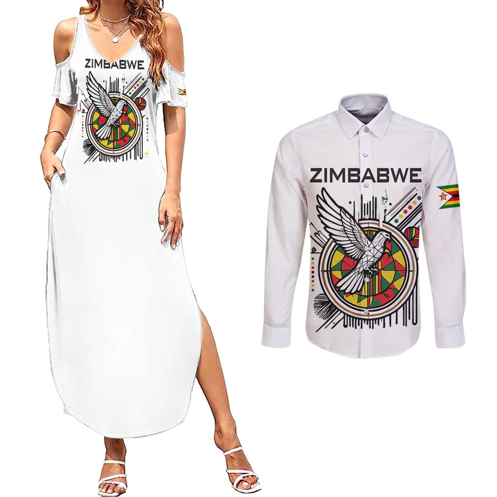 Spirit of Zimbabwe Couples Matching Summer Maxi Dress and Long Sleeve Button Shirt Tribal Patterns, Flag Colors and Symbol of Peace